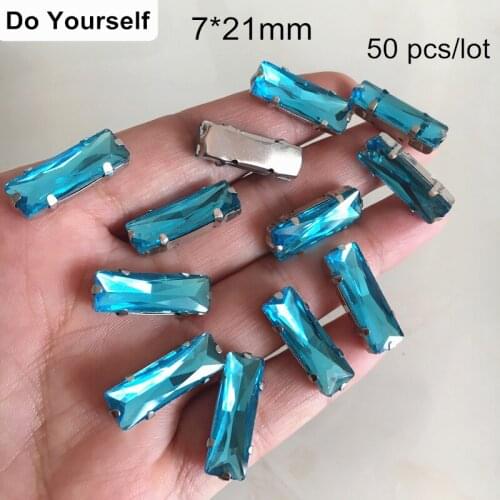 50 pcs Blue Facet 7*21mm Sew on Crystal Beads in Silver Color Prong Settings,Flatback Sewing Glass Beads,Garments Sparkling Deco