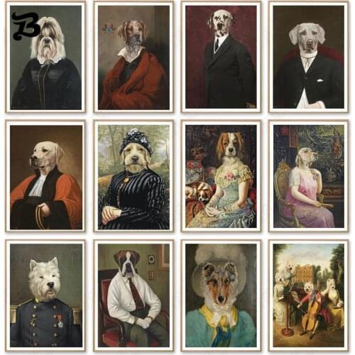Nordic Funny Dogs Painting Animal Retro Nostalgia Gentlewoman Posters and Prints Wall Canvas Pictures for Living Room Home Decor