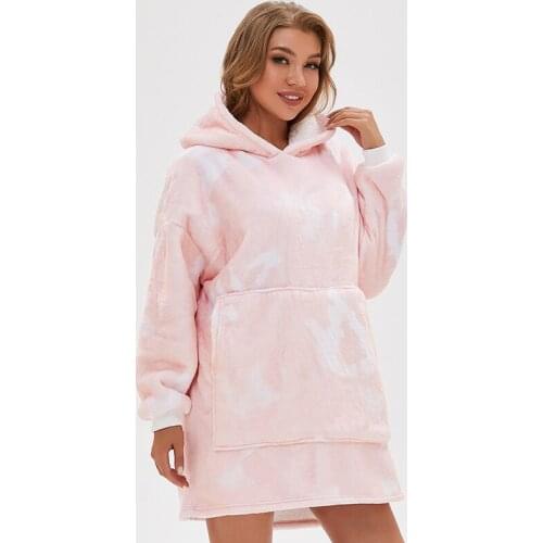 Super soft warm adult hoodie, light pink tie-dye printing, lazy pullover blanket, cold-proof outerwear, warm fleece, super soft