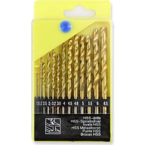 13pc 1.5-6.5mm Round Shank Twist Drill Bit Set Titanium Coated Hole Cutter High Speed Steel Gun Drill Bit Woodworking Metal Tool