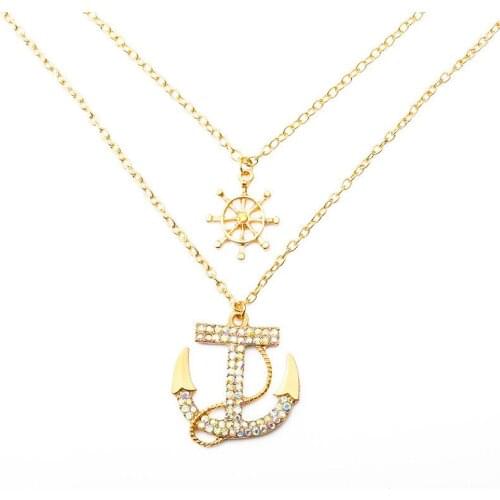 European American Fashion Double Anchor Rhinestone Necklace Cold Wind Retro Temperament Women Clavicle Chain Party with Jewelry