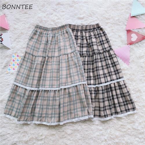 Skirts Women A-line Plaid Lace Student Sweet Lovely Autumn All-match Female Korean Style High Waist Fashion Leisure College Soft