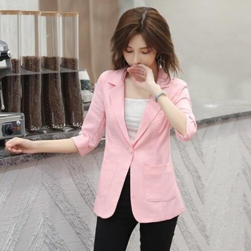 Women Solid Color Cotton Blazer Jacket Pleated Sleeve Coat Office Lady Work Style Small Suit Single Button Blazer