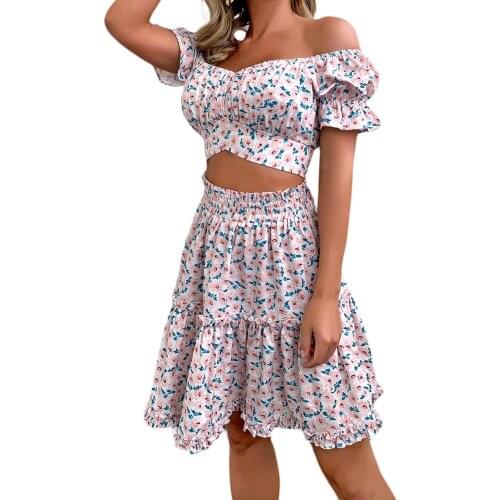 Summer Floral Two-piece Skirts Suits Women Clothing Casual Off Shoulder Ruched T-shirt Crop Tops and Mini A-Line Skirts Sets