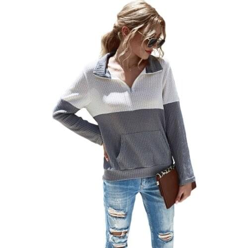 Turn-down Collar Zipper Women Pullover Sweater 2020 Autumn Winter Casual Patchwork Pockets Long Sleeve Knitted Female Jumper