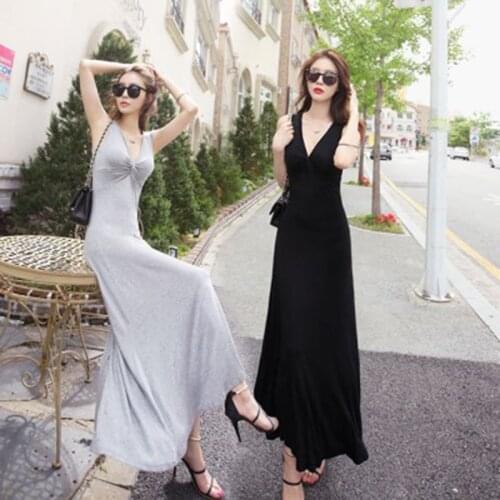 Plus Size Summer Sleeveless Dress Modal A-line Slim High Waist Dresses Ladies Sexy V-neck Solid Vest Long Vestidos Limited A714