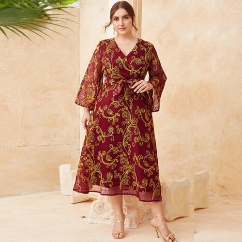 DOIB Women Wine Red Chiffon Dress Large Size Cross V Neck Wrap Flare Sleeve Plus Size Dress 2021 Fashion Female Dress
