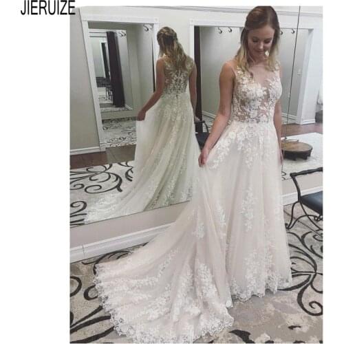 JIERUIZE Modern Illusion Wedding Dresses 2020 Scoop Neck Sheer Lace Appliques Beach Bridal Dresses Button Back Vestidos de novia