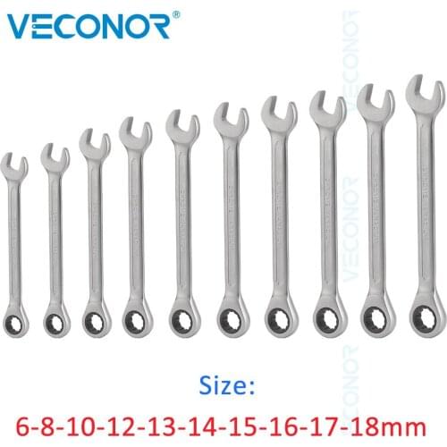 10Pcs Ratchet Wrench Set Combination Spanner 6-18mm Dull Polish 72T Fixed Head Ratcheting Spanner Tools Set for Repairing