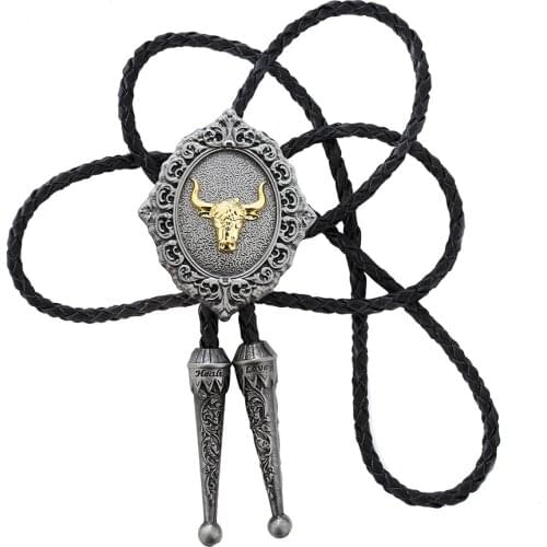 Cowboy Bolo Tie for Men With Leather Rope Chain Gold Bull Head Vintage Western Bolo Neck Tie Apprael Accessories novelty gift