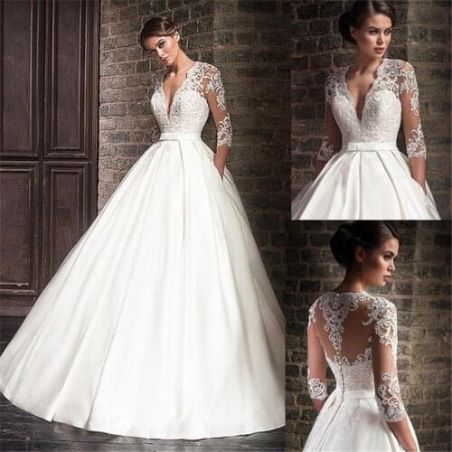 Satin Deep V-Neck A-Line Wedding Dresses With Lace Appliques Half Sleeves Bridal Dress with Pocket Vestido De Noiva