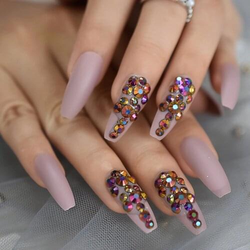 Ballerina Customize Press On Nails Matte Cream Pink Gold Rose Crystal Decoration False Nails Extra Long Coffin Tips