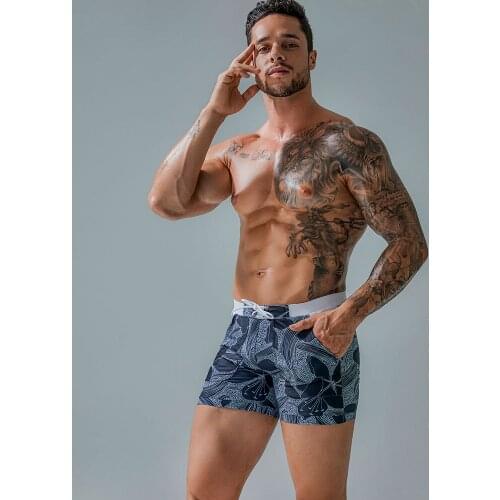 Hot Mens Swimming Boxer Trunks Zwembroek Heren Costume Bathing Surfing Swimwear with Pocket Art Printing Elastic Short Pants