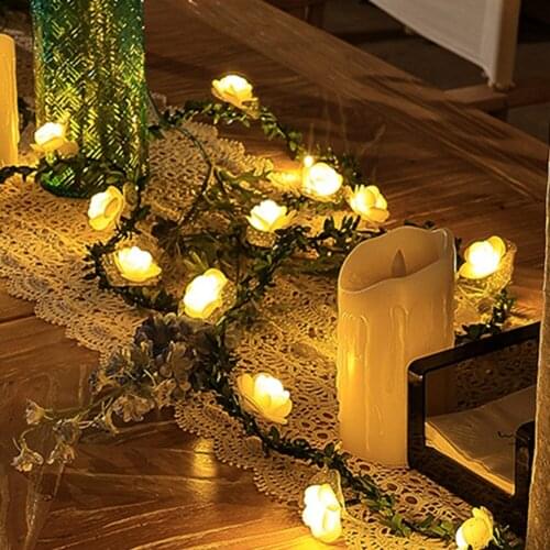 Simulation Green Vine Rose Flower LED Fairy String Lights Garland Lights for Wedding Valentine Party Decoration Garden Decor