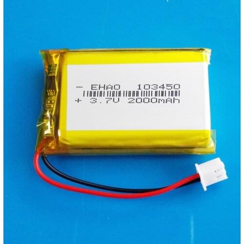 3.7V 2000mAh lipo polymer lithium Rechargeable battery 103450 + JST XHR 2.54mm 2pin plug for MP3 GPS navigator DVD