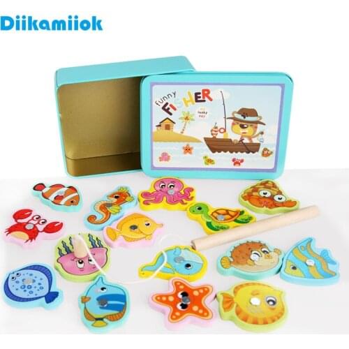 15pcs Fish Wooden Iron Box Magnetic Fishing Game Toy Baby Parent-child Interaction Learning Educational Toys for Children Boys