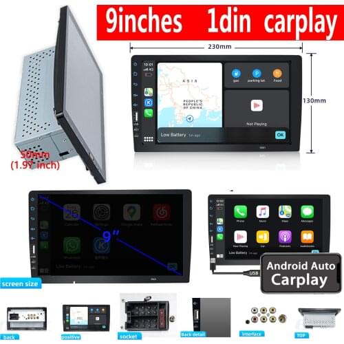 1DIN 9" Car Radio Touch Screen Multimedia Video Player Bluetooth USB Audio System for Apple Carplay Auto MP5 With remote control