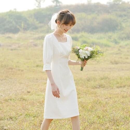 New Short Wedding Dress Satin Korean Style Half Sleeves Square Collar vestido novia 2021vestido casamento curto civil simples