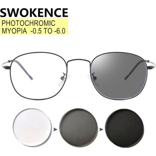 SWOKENCE Photochrom Myopia Glasses -0.5 to -6.0 Prescription Customizable Women Men Round Alloy Frame Chameleon Spectacles F049