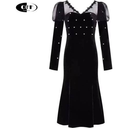 Autumn Spring Velvet Party Night Woman Dress Lace Up Patchwork Mesh Beading High Waist Long Sleeve Black Dresses For Women Robes