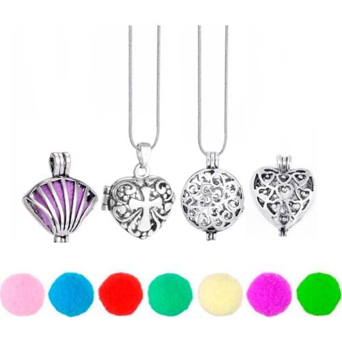 Felt Ball Fan Cross Heart Necklace DIY Cabochon Pearl Cage Diffuser Locket Necklace Vintage Essential Oil Aromatherapy Necklace