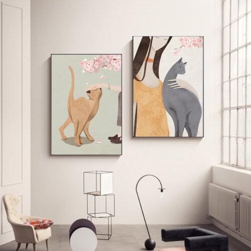 Animal Cartoon Poster Girl Lazy Cat Canvas Painting Cherry Blossom Posters and Prints Minimalist Wall Art Pictures Living Room