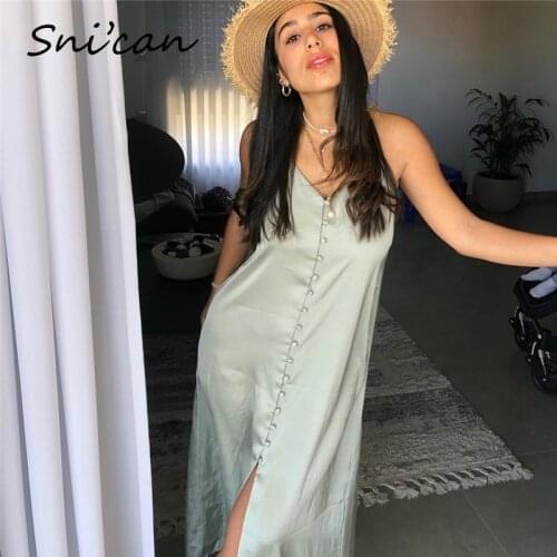Snican Solid V Neck Buttons Sphagetti Strap Satin Dress Satin Oversize Sexy Robe Summer Za Women 2021 Vestidos Night Sleepwear