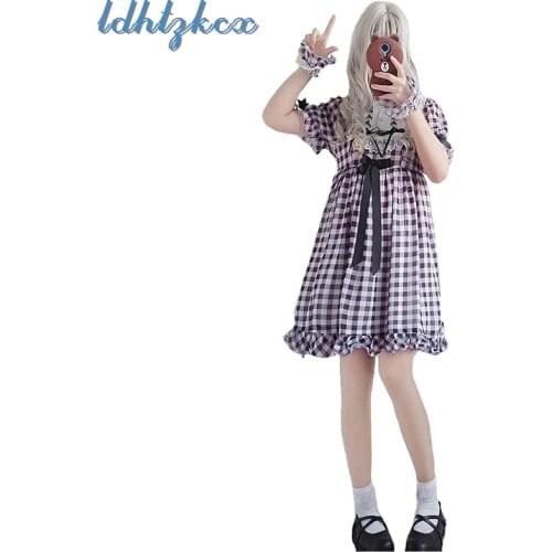LDHTZKCX Plaid Polyester Chiffon Short-sleeved Dress Female 2018 Summer New Lolita Beading Bow Zipper Cute Princess Dress LD578
