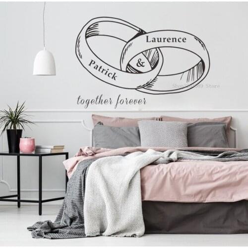 Romantic Couple Ring Custom Name Wall Stickers Vinyl Wedding Background Board Decor Lovers Gift Commemorate Ring Decal CN454