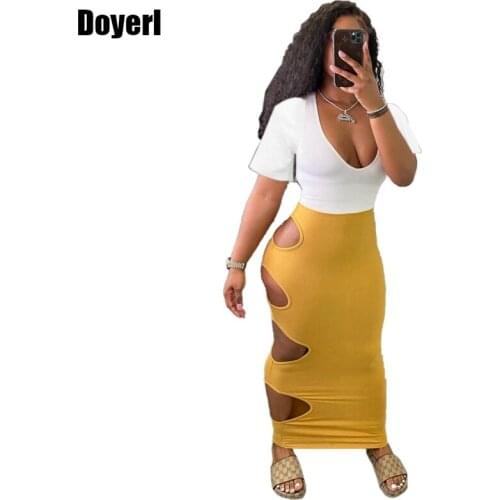 Hollow Cut Out Midi Bodycon Dress Women Summer White Patchwork Short Sleeve Slim Sexy Bandage Party Dress Club Outfits for Women