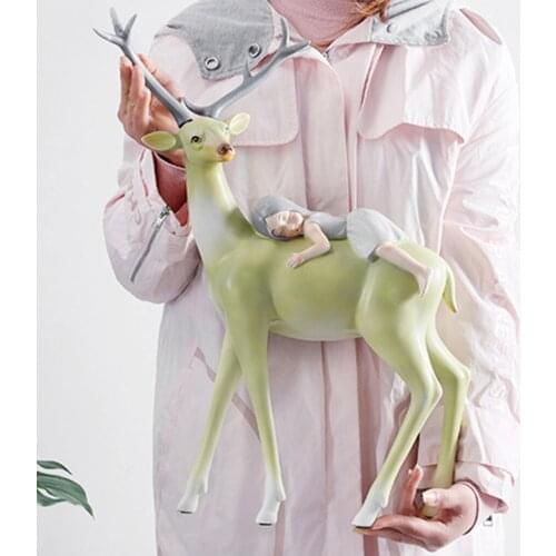 Hand-painted Girl Ride Deer Figurine Home Decoration Resin Crafts Living Room TV Cabinet Statue Outdoor Garden Lucky Ornament