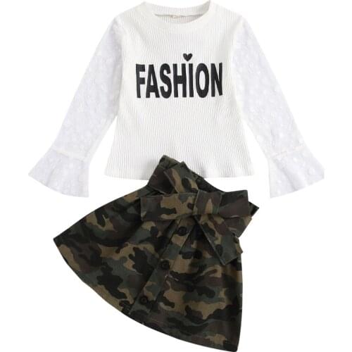 2021 Toddler Baby Girl 2Pcs Fashion Clothing Set Long Sleeve Letter Printed Top Camou Skirts 1-7Years