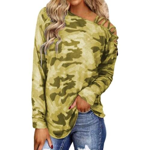Long Sleeve Shirt Oblique Shoulder Crossed Straps Camouflage Printed Women Top for Work Female T-shirt Fashion Tops Tee женская