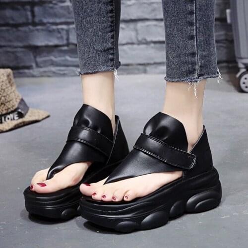 2021 Summer Leather Women Sandals Platform 6.5CM Wedge Heels Shoes Comfortable Outside Flip-Flops White Sneakers Beach Shoes