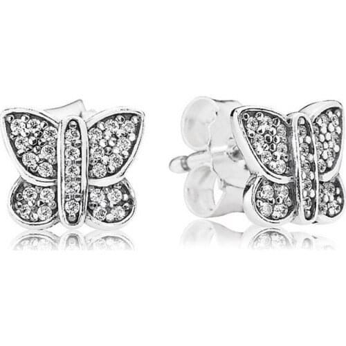 Original Sparkling Butterflies With Crystal Stud Earrings For 925 Sterling Silver Earring Women Party Gift Europe DIY Jewelry