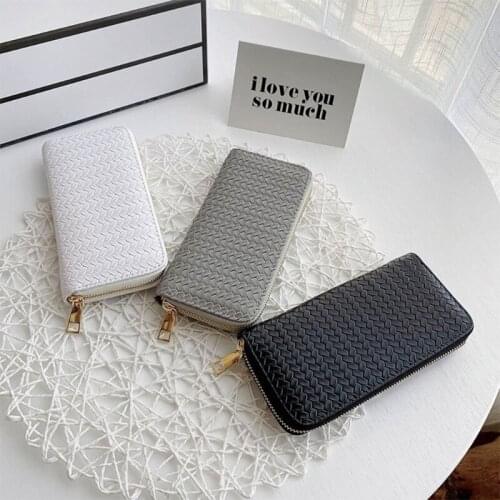 Womens Weave Artificial Leather Long Wallet Purse Elegant Solid Color Zip Around Clutch Bag Card Holder Phone Case Money Pouch