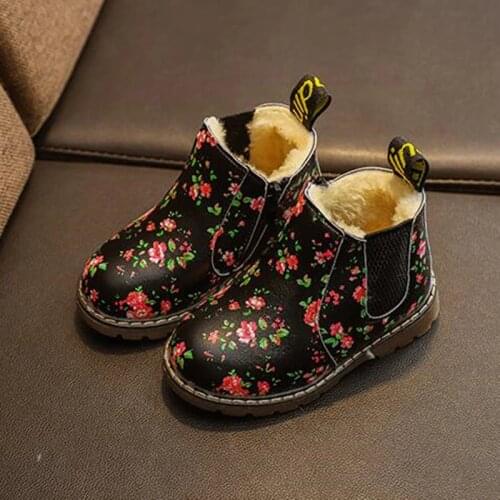 Children Rubber Boots Waterproof Flower Print Baby Girls Flat Heel Shoes Kids Leather Boots Non-slip Toddler Ankle Boot