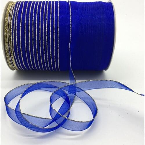 10yds/lot 3/8" 10mm Blue Glitter Golden Rimmed Organza Ribbon Bow Hair Wedding Decoration Lace Crafts