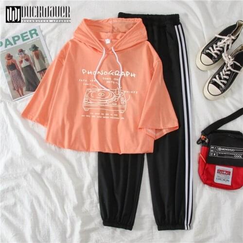 Duckwaver Women 2 Piece Sets Letter T-Shirts Cargo Pants Suit Summer Short Sleeve O-Neck Tops Casual Comfortable Pants For Woman