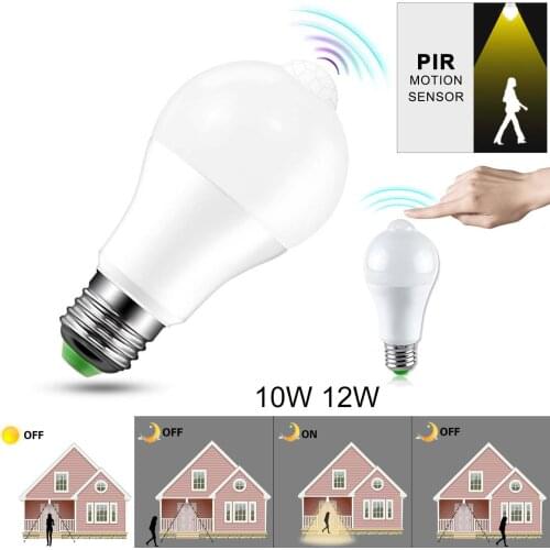 Motion Sensor Light Bulb E27 10W 12W AC 85-265V Smart PIR LED Bulbs Auto On/Off Night Ligh Cool White 5000-6500K