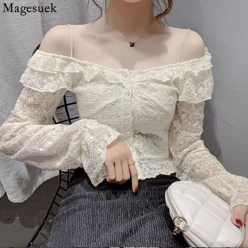 Elegant Sexy Off-shoulder Blouse Women Spring Ruffle Stitching Lace Womens Shirt Solid Slim Female Tops Clothes Blusas 15833