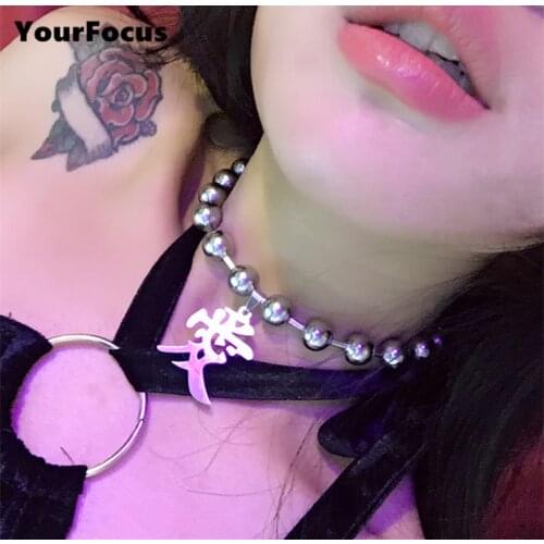 Hiphop harajuku punk rok stainless steel Chinese love necklace beads choker women and men