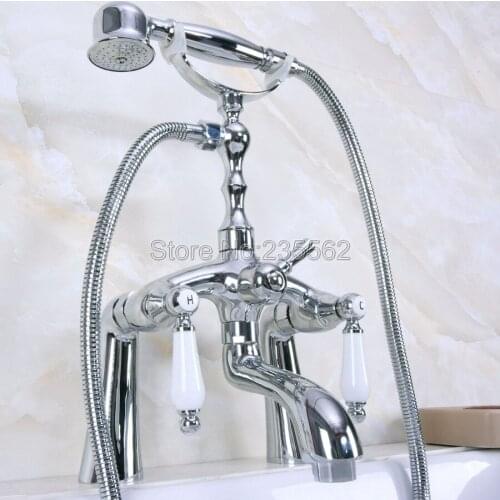 Chrome Bathroom Clawfoot Tub Faucet Mixer Tap w/ Handshower Ceramic Handles - Deck Mount lna103