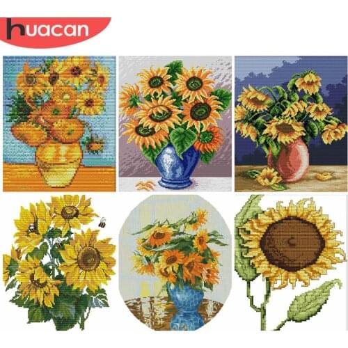 HUACAN Cross Stitch Flower Kits 11CT 14CT White Canvas DIY Cross-Stitch Flowers Embroidery Needlework Sets Home Decoration