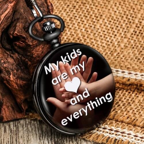 Chic Pattern My Kids Are My Love And Everything Black Pocket Watch Quartz Numerals Dial Protable Chain Pendant Gift For Children