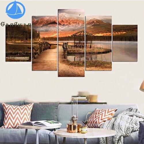 Full Square Round Drill DIY Diamond Painting natural scenery 5pcs Embroidery Cross Stitch Riverbank scenery at dusk Home Decor