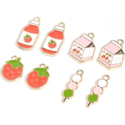 Bulk 20 Strawberry Milk Charms Strawberry Ichigo Milk Box Metal Enamel Pendant Fit for Jewelry DIY Accessories Juice Box Charms