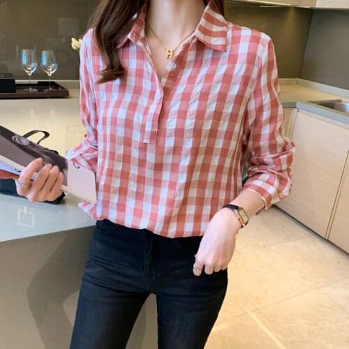 Chikichi 2021 Spring and Autumn New Womens Lapel Plaid Chiffon Shirt Ladies Pullover Pink Womens Tops Long Sleeve Blouse