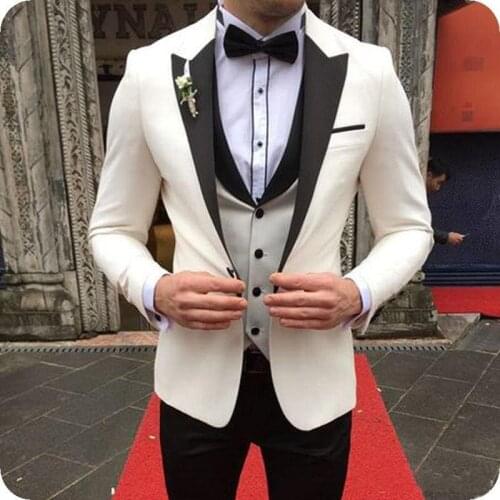 New Arrival Groomsmen Peak Satin Lapel Groom Tuxedos Ivory+Black Men Suits Wedding Best Man ( Jacket+Pants+Bow Tie+Vest ) C650