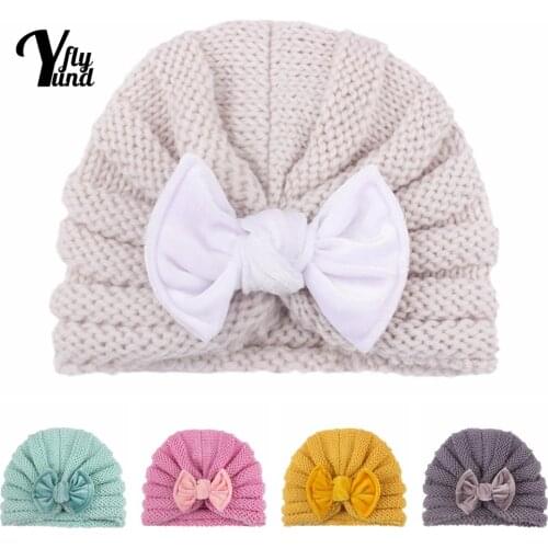 Yundfly Newborn Solid Color Knitting Wool Striped Cap Cute Handmade Bowknot Baby Girl Hat Infant Headwear Kids Photography Props